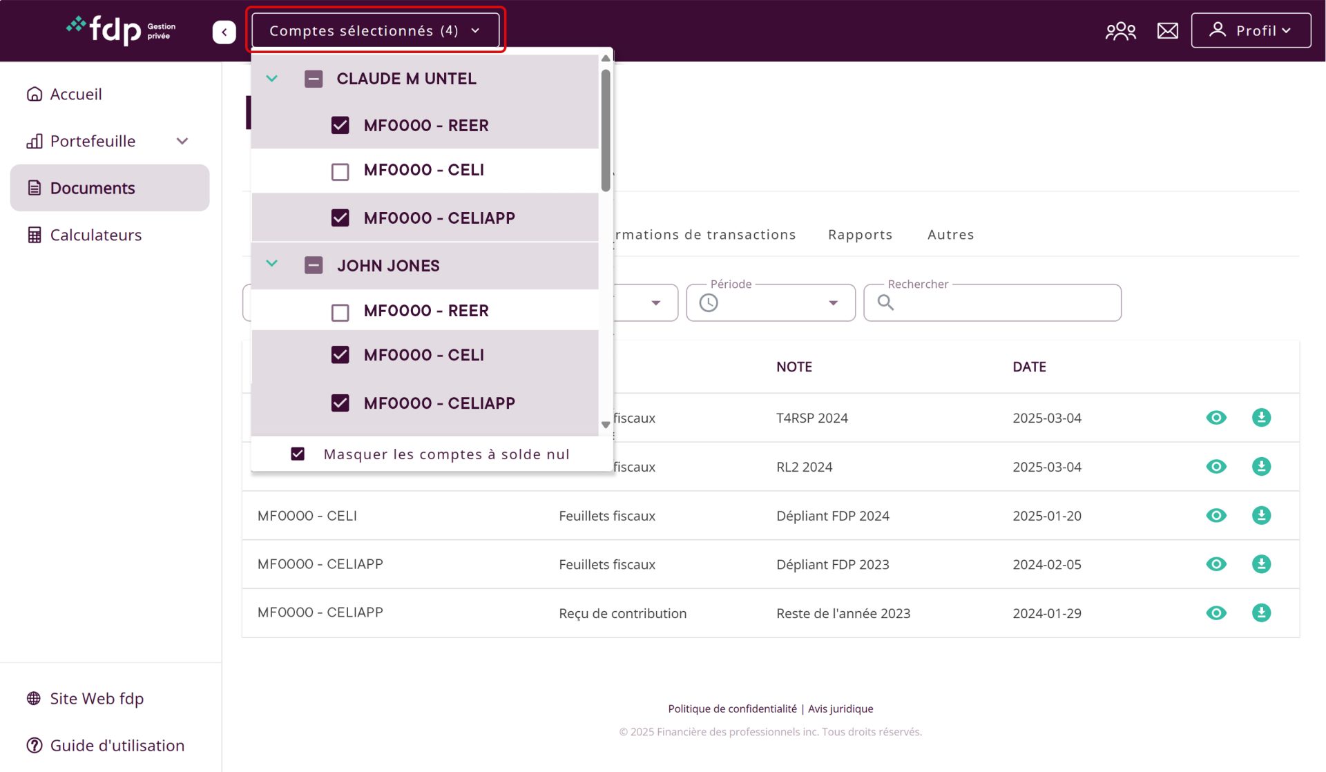 Capture écran des comptes sélectionnés