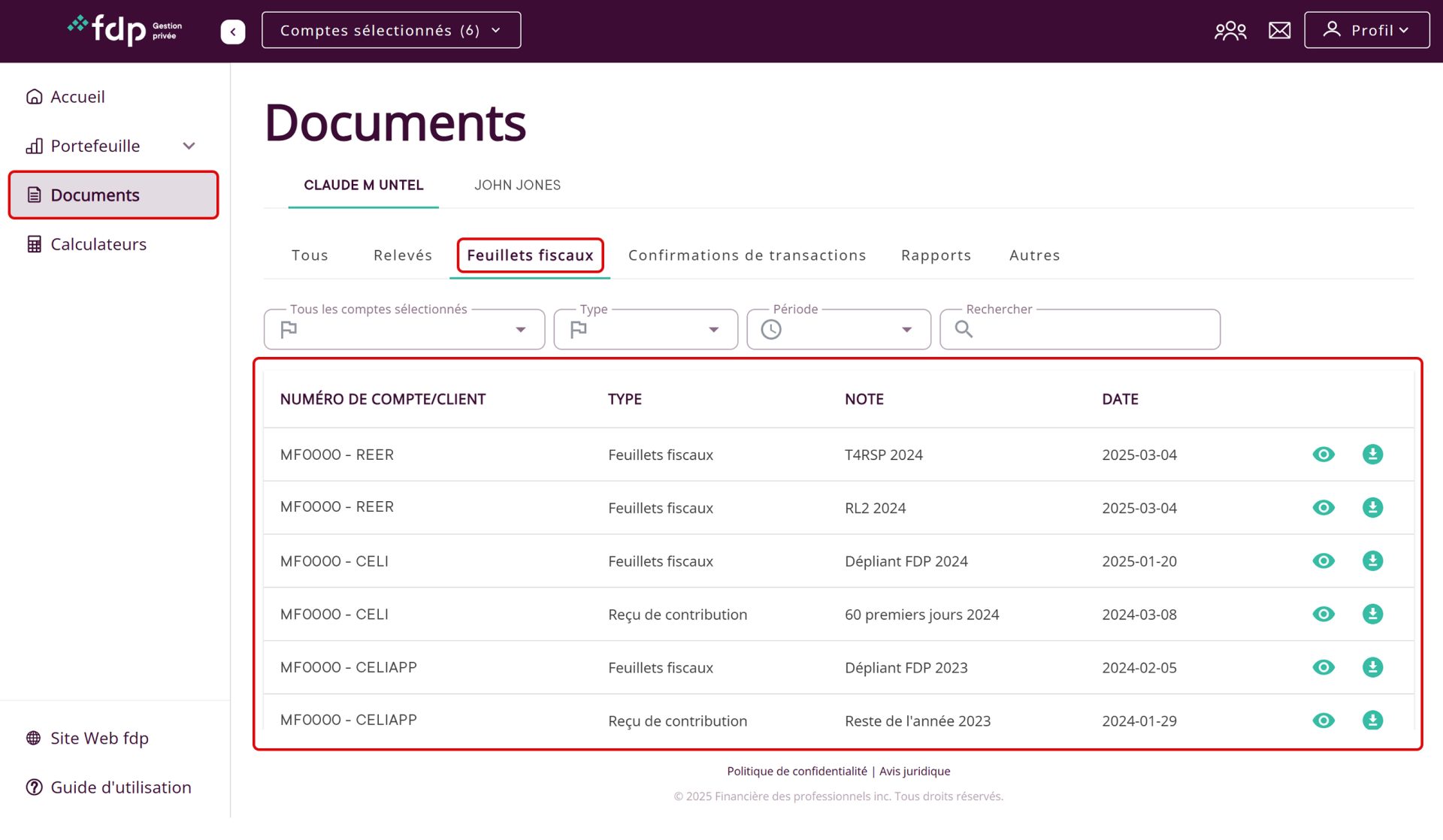 Capture écran des feuillets fiscaux