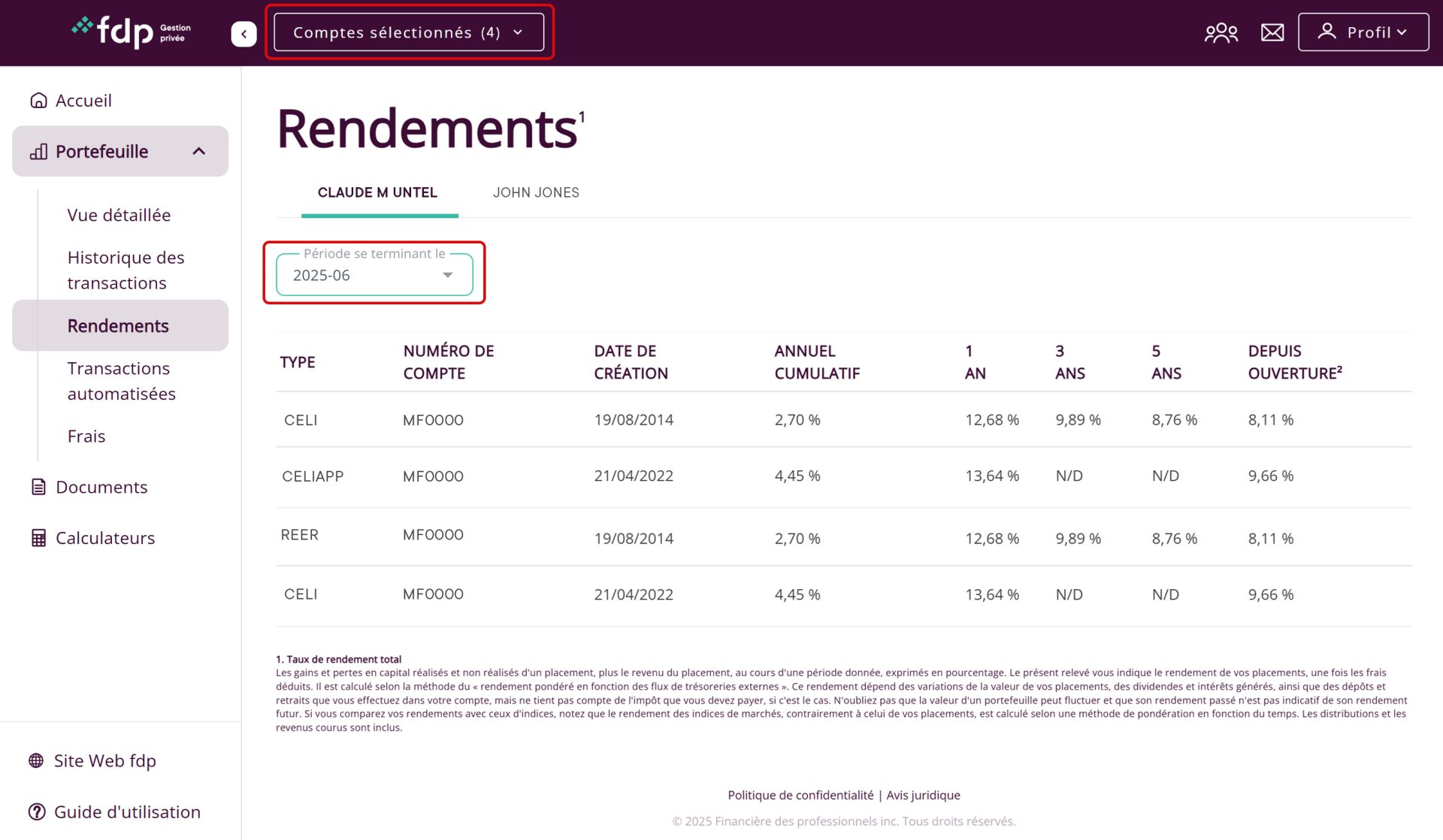 Capture écran des rendements