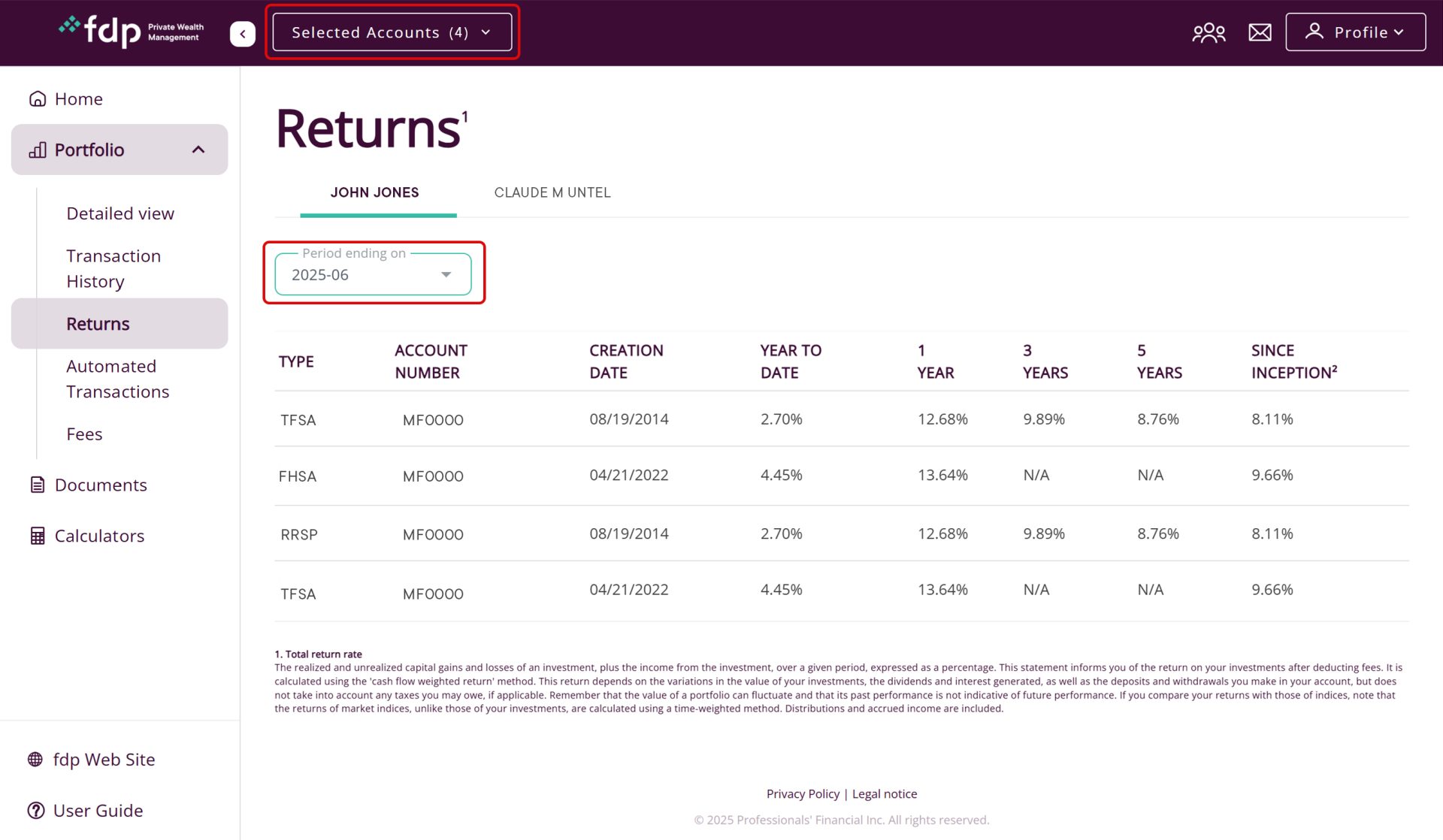 Screenshot of the Returns page