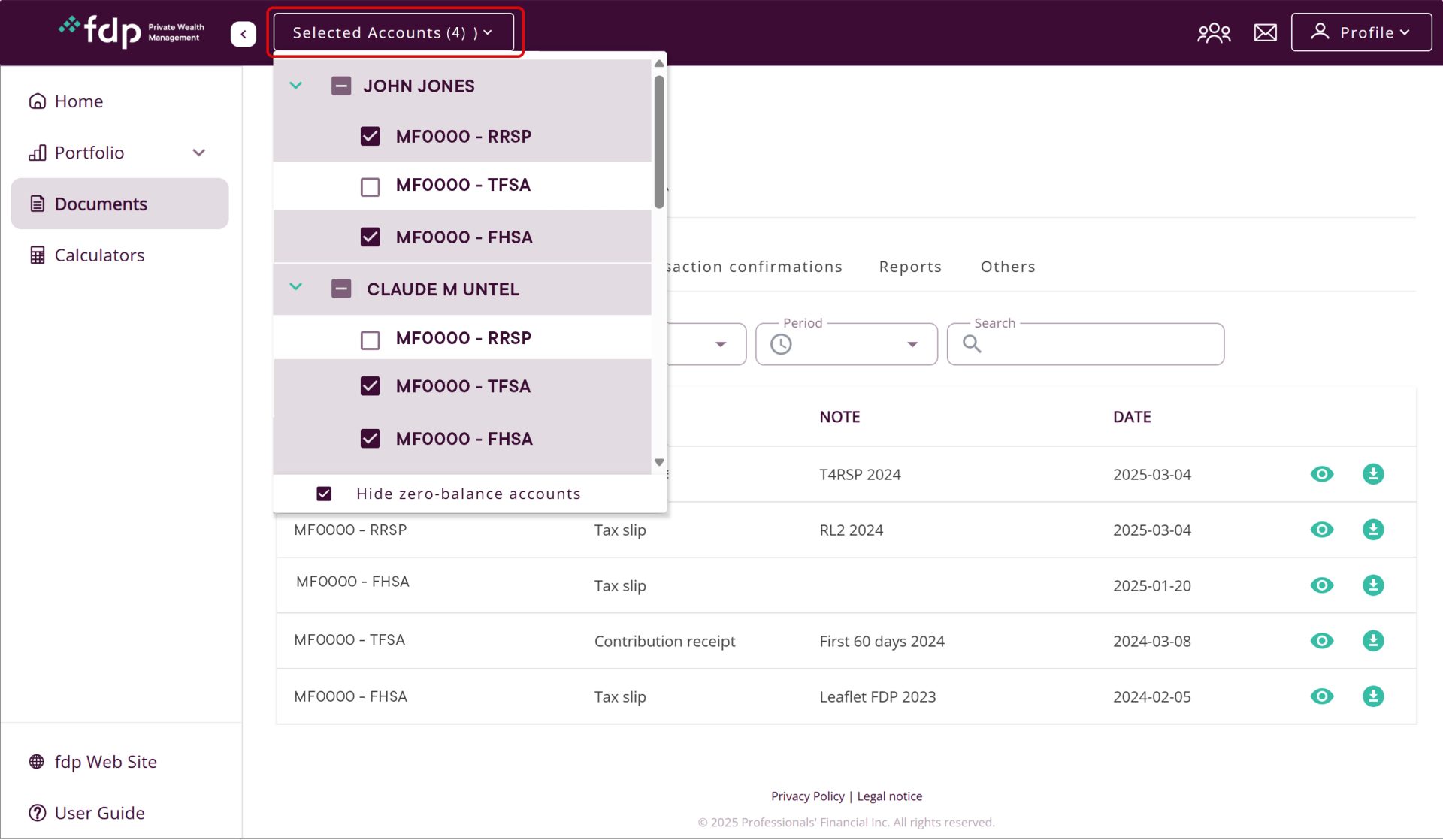 Screenshot of the selected accounts page