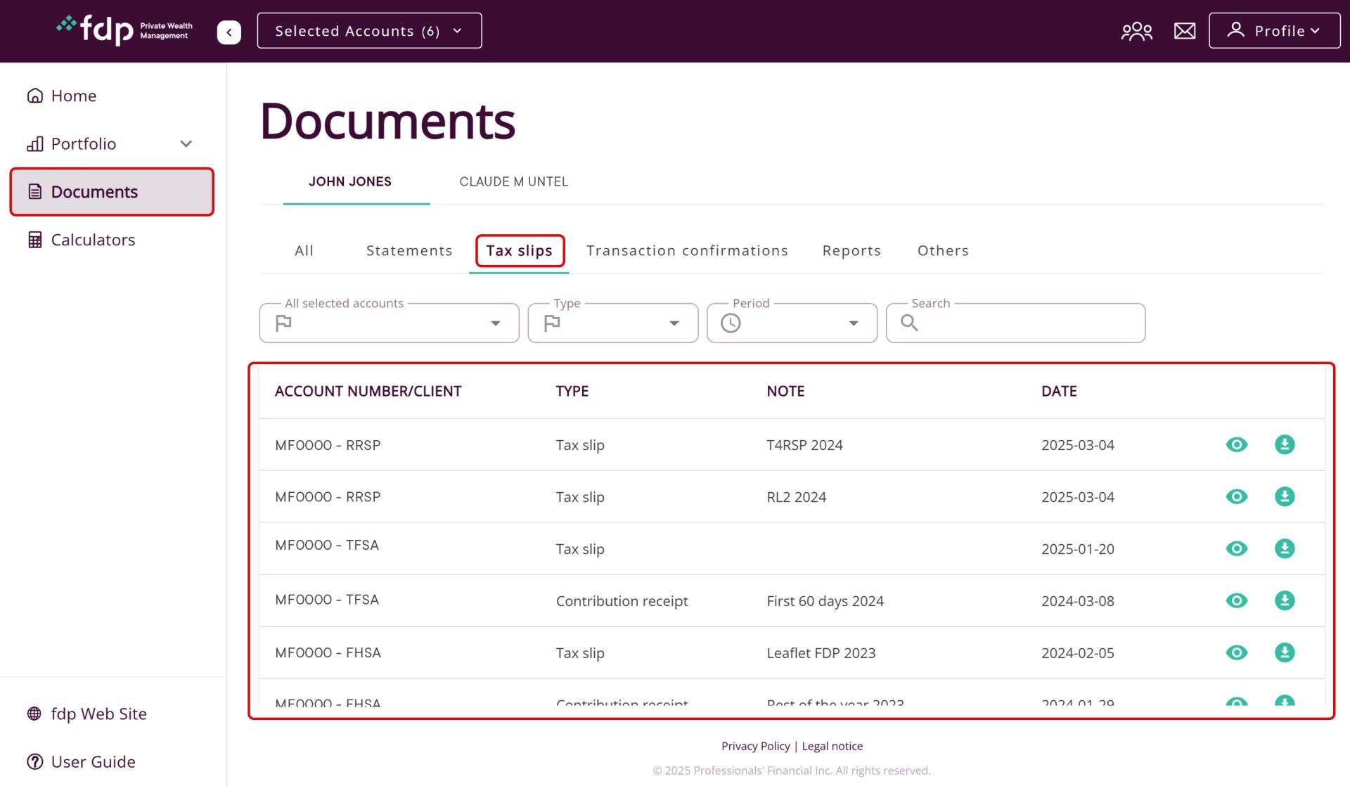 Screenshot of the Tax slips page